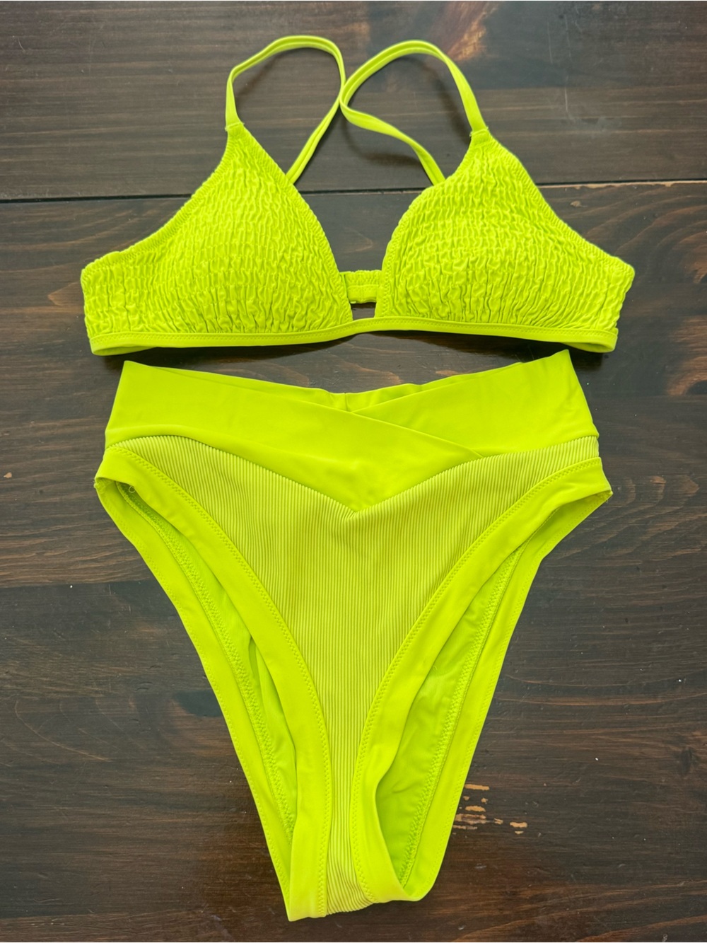Aerie Neon Lime Green Padded Bikini Set High Waisted Textured Swimsuit Medium